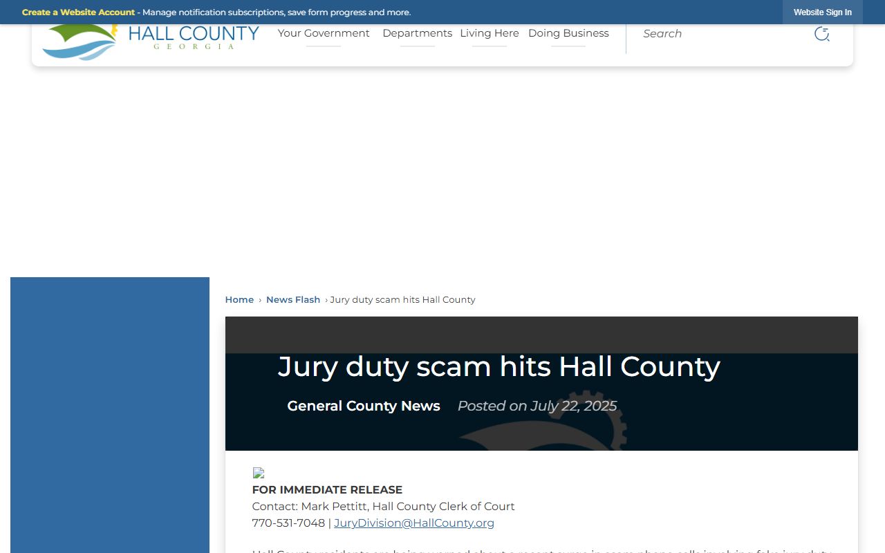 Hall County Clerk of Court jury duty scam notice