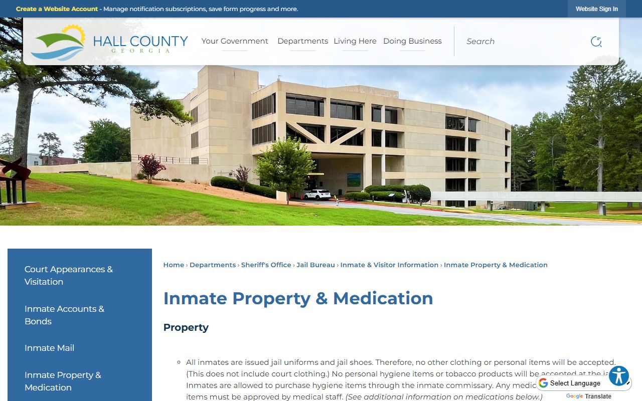 Hall County inmate records property and medication rules