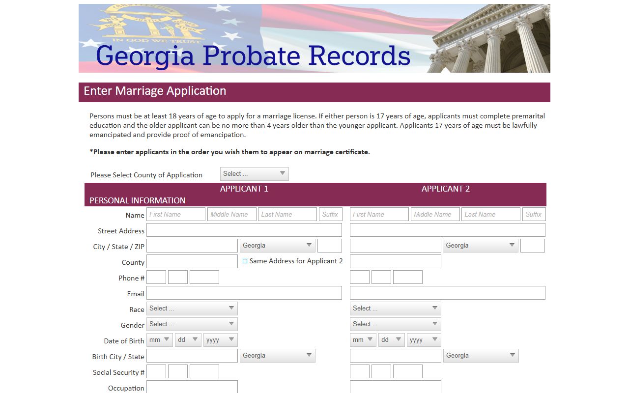 Hall County marriage records online application fields